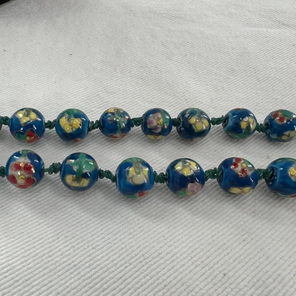 Vintage Blue Cloisonne Double Hand Knotted bead necklace and earrings
